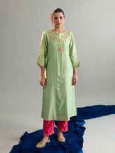Green floral round neck kurta set with dupatta