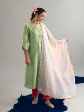 Green floral round neck kurta set with dupatta