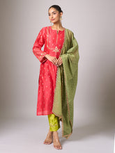 Red zari motifs yoke kurta set with dupatta