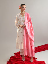 Off White floral V neck kurta set with dupatta