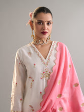 Off White floral V neck kurta set with dupatta