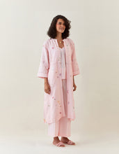 Pink botanical print front open cotton linen jacket