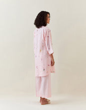 Pink botanical print mid length cotton linen kurta with yoke placket
