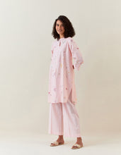 Pink botanical print mid length cotton linen kurta with yoke placket