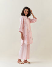 Pink botanical print mid length cotton linen kurta with yoke placket