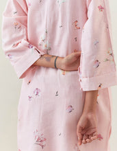 Pink botanical print mid length cotton linen kurta with yoke placket