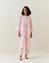 Pink striped cotton pull up pant with scalloped net hem