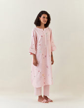 Pink botanical print cotton linen tunic with pocket
