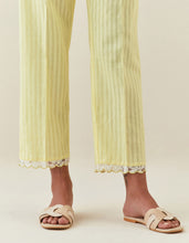 Yellow striped cotton pull up pant with scalloped net hem