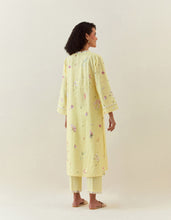 Yellow botanical print cotton linen kurta with net placket