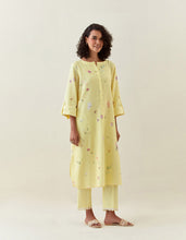 Yellow botanical print cotton linen tunic with pocket