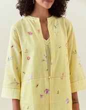 Yellow botanical print front open cotton linen jacket