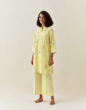 Yellow striped cotton broad hem pull up pant