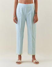 Blue striped cotton pull up pant with scalloped net hem