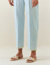 Blue striped cotton pull up pant with scalloped net hem