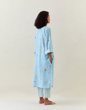 Blue botanical print cotton linen tunic with pocket