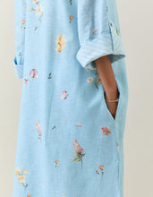 Blue botanical print cotton linen tunic with pocket