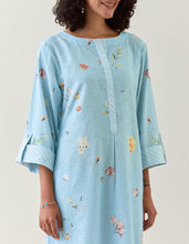 Blue botanical print cotton linen tunic with pocket