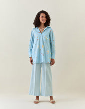 Blue botanical print cotton linen shirt