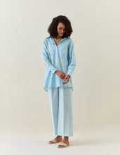 Blue botanical print cotton linen shirt