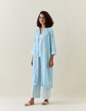 Blue botanical print front open cotton linen jacket