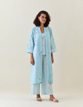 Blue botanical print front open cotton linen jacket