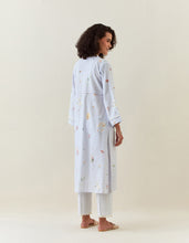 Lavender botanical print cotton linen kurta with net placket