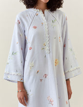 Lavender botanical print cotton linen kurta with net placket