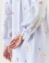 Lavender botanical print cotton linen kurta with scalloped net collar