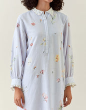 Lavender botanical print cotton linen kurta with scalloped net collar