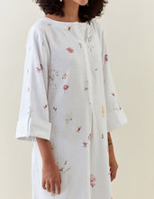 White botanical print cotton linen tunic with pocket