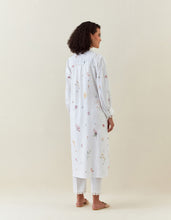 White botanical print cotton linen kurta with scalloped net collar