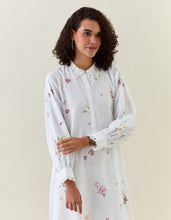 White botanical print cotton linen kurta with scalloped net collar