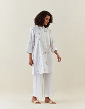 White botanical print mid length cotton linen kurta with yoke placket