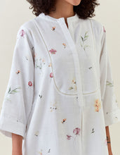 White botanical print mid length cotton linen kurta with yoke placket