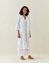 White botanical print front open cotton linen jacket