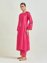 Fuchsia hand embroidered silk chanderi kurta with gota