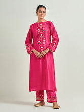 Fuchsia hand embroidered silk chanderi kurta with gota