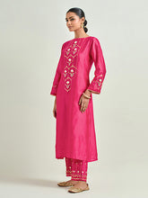 Fuchsia hand embroidered silk chanderi kurta with gota