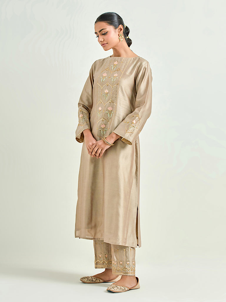 Brown - Hand Embroidered Khaki Cotton Long Straight Kurta