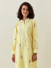 Yellow botanical print cotton linen kurta with scalloped net collar