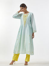 Mint hand embroidered Silk chanderi kurta with gathers