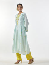 Mint hand embroidered Silk chanderi kurta with gathers