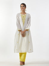 Off White hand embroidered Silk chanderi kurta with gathers