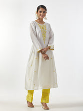 Off White hand embroidered Silk chanderi kurta with gathers