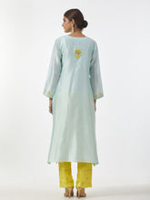 Mint hand embroidered Silk chanderi kurta with plackett