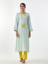 Mint hand embroidered Silk chanderi kurta with plackett