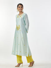 Mint hand embroidered Silk chanderi kurta with plackett