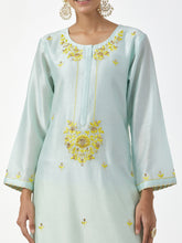 Mint hand embroidered Silk chanderi kurta with plackett