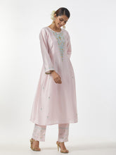 Pink hand embroidered Silk chanderi kurta with gathers